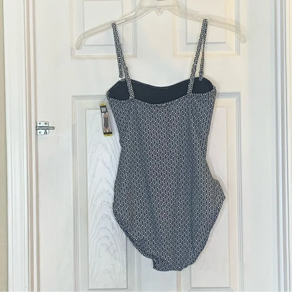 Womens DKNY One Piece Swimsuit Black/White Print Size Medium UPF Protect - Picture 2 of 11
